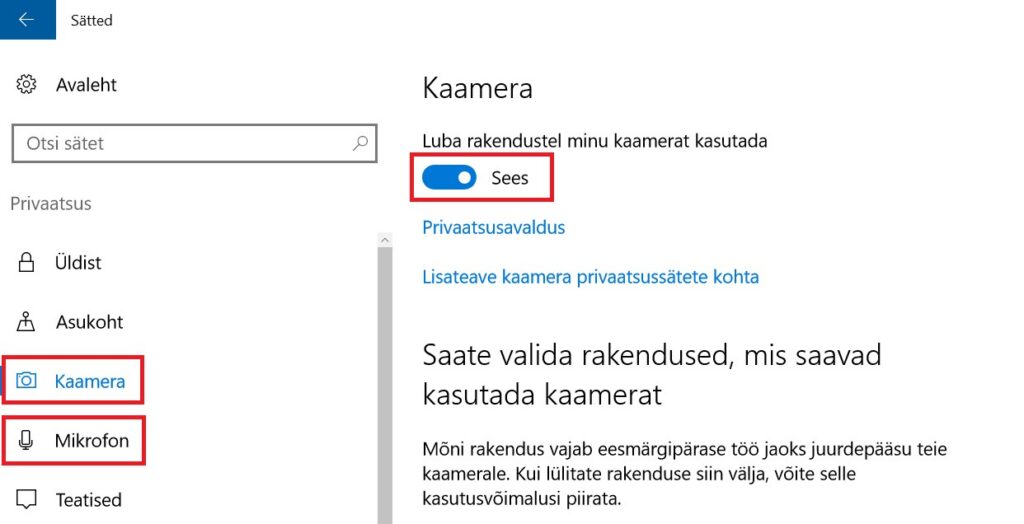 kaamera ja mikrofoni sätted